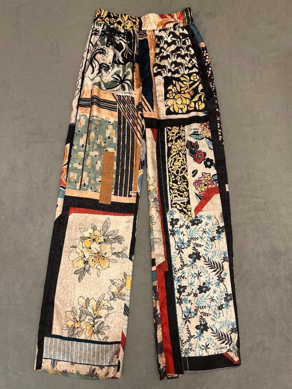 Zara Patchwork Satin Wide Leg Pants XS Boho Resort Vacation Elastic Waist